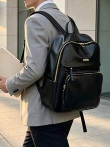 Men's Solid Color PU Glossy Backpack With Multiple Zippers, Casual Daily Use, Large Capacity Travel And Work Backpack With Side Pockets - Black - View 9