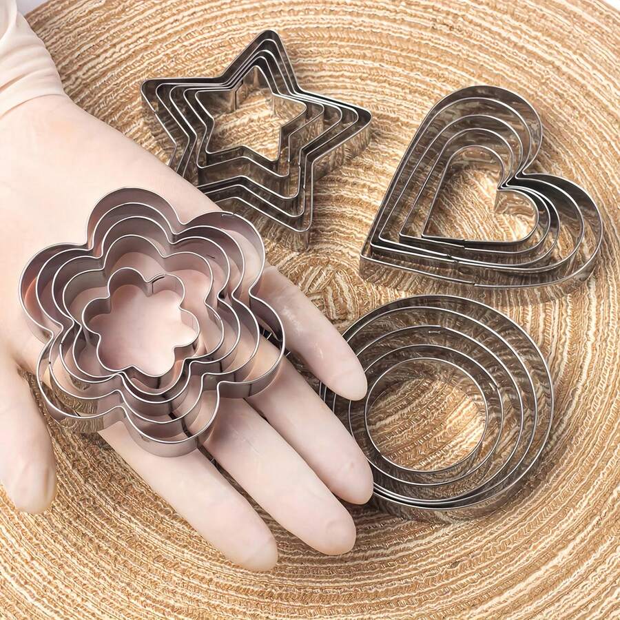 5/20Pcs Stainless Steel Cookie Cutters Set, Heart Flower Round Star Multi‑Size Biscuit Molds, Reusable Cutting Molds For Dough Fruit Vegetable Fondant Clay DIY Baking Craft - View 1