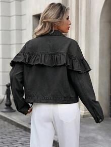 HAPPY GIRL #Jaket Denim Pendek Kasual Musim Semi/Gugur untuk Wanita dengan Hiasan Ruffle, Cocok untuk Sekolah, Liburan, Pakaian Sehari-hari, Kencan, Perjalanan, Bandara - Grey - View 3