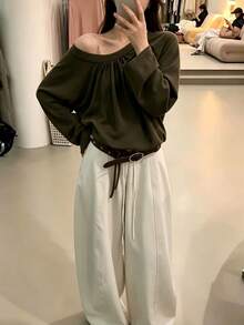 Early Autumn Vibe Asymmetrical Shoulder Top With Ruched Design, Loose Long Sleeve Lazy Solid Color Slimming T-Shirt - Dark Green - View 5