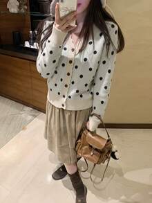 Polka Dot V-Neck Knit Cardigan Slimming Women's Short Sweater, Autumn - Apricot - View 10