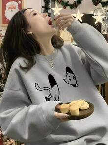 Japanese Minimalist Line Drawing Cat Print Crew Neck Sweatshirt, Oversized Drop Shoulder Slimming Student Casual Autumn Top - Light Grey - View 1