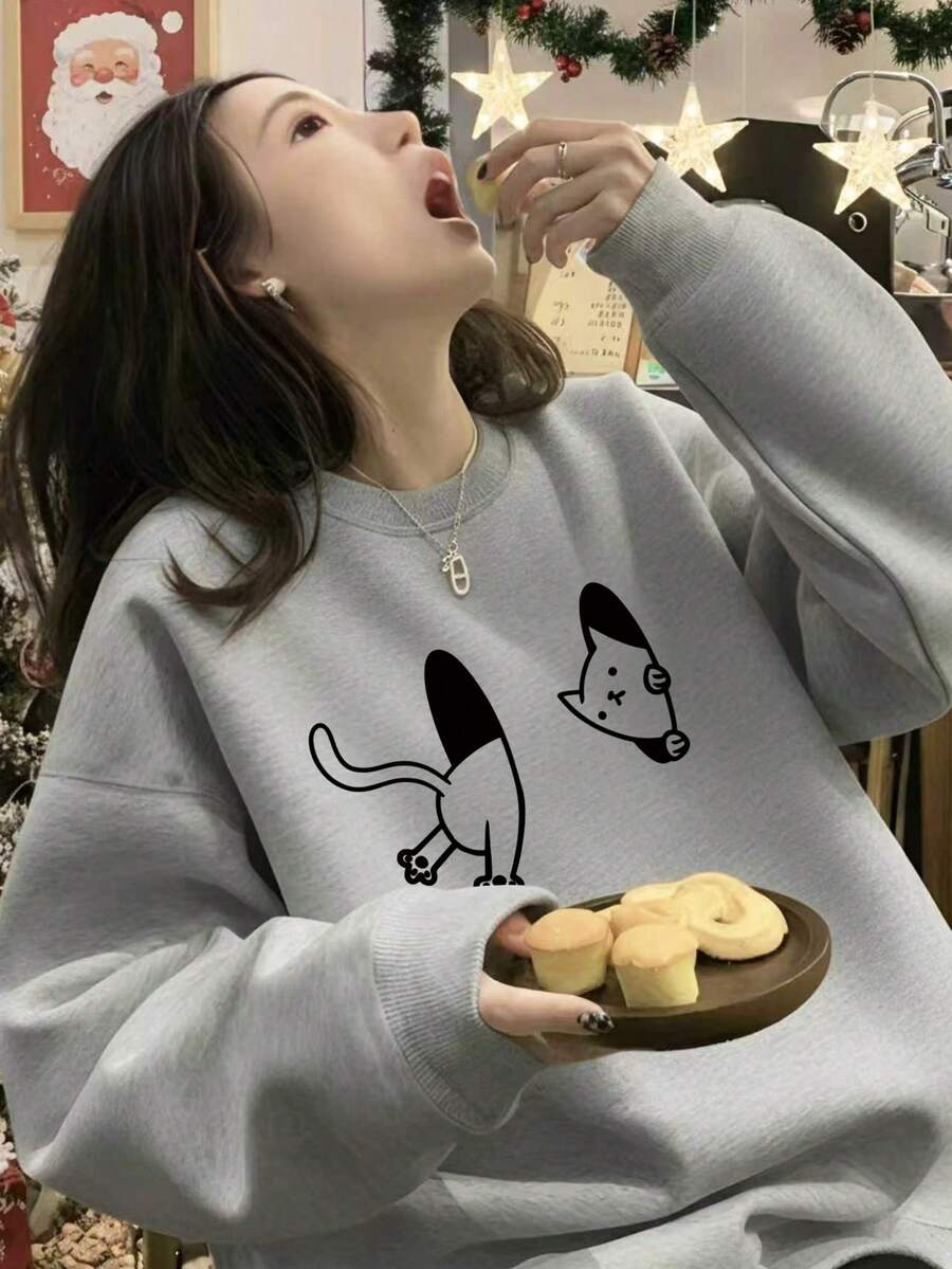 Japanese Minimalist Line Drawing Cat Print Crew Neck Sweatshirt, Oversized Drop Shoulder Slimming Student Casual Autumn Top - Light Grey - View 1