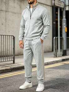 Kolrap Men's 1/4 Zip Pullover & Joggers Set, Side Stripe Sportswear, Autumn Casual 2-Piece Matching Set - Grey - View 2