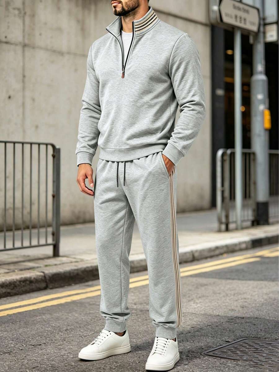 Kolrap Men's 1/4 Zip Pullover & Joggers Set, Side Stripe Sportswear, Autumn Casual 2-Piece Matching Set