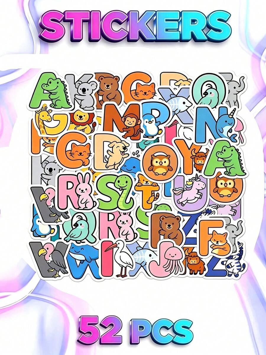 52pcs Healing Style Cute Pet Letter Decorative Stickers, Spellable, Fluffy Texture, English Stickers, Parent-Child Interactive Educational Tool, Suitable For Stationery, Water Bottles, Tablets, Personalized Decoration - Multicolor - View 1