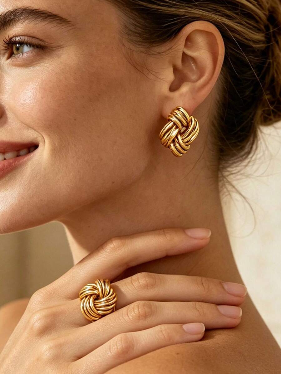 Classic Stainless Steel Braided Knot Earrings And Rings,18K Gold Plated Jewelry Set,Suitable For Daily Wear, Party, Banquet, Gift For Friends,Mom - 1 - View 1