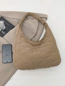 Tas Bahu Wanita, Tas Kasual Lembut dengan Bordir, Tas Bantal, Tas Fashion Portabel Kapasitas Besar - Khaki - View 5