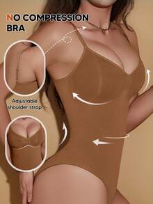 Women's Minimalist Solid Color Tummy Control Waist Slimming Bodysuit, Suitable As Undershirt Or Base Layer Summer Elegant Brown - Brown - View 3
