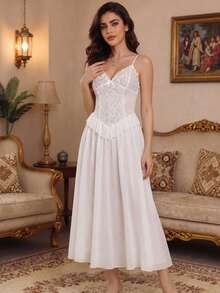 Skin-Friendly, Soft, High-Stretch Deep V-Neck Low-Cut Strapless Sheer Mermaid A-Line Dress, Lace Sexy Lingerie - White - View 4