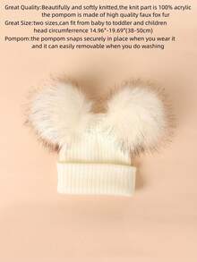 Baby Girl Faux Fur Double Pom Pom Warm Knit Hat, Suitable For Autumn/Winter - White - View 2