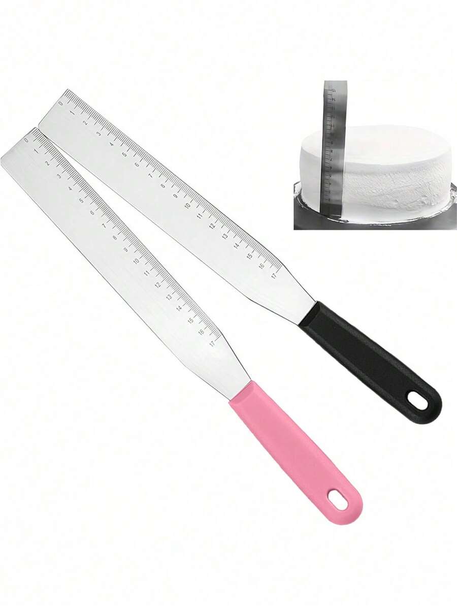 2pcs Cake Scraper With Measurement Scale, New Practical Cake Decorating Spatula, Cream Scraper, 10 Inch Cake Baking Decorating Tool - Pink - View 1
