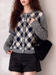 Women's Autumn/Winter Minimalist Casual Vintage Argyle Design Knit Cardigan Jacket - Grey - View 3