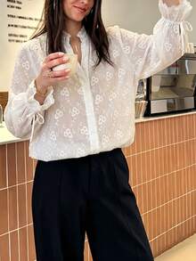 Women's White Embroidered Semi-Sheer Stand Collar Shirt With Ruffle Trim And Lace Cuffs, Button Front Long Sleeve Blouse For Fall Outfits - White - View 5