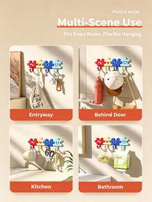 1pc Dopamine Cartoon Puzzle Adhesive Hook, No-Drill Wall Hook For Entry Door, Kitchen, Bathroom, Key Holder - Multicolor - View 3