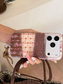 Maillard Patchwork Floral Phone Case Compatible With Iphone 17 Pro Max, 16 Pro, 15, 14, 13, Women's Full Coverage Anti-Drop Protective Cover With Lanyard - Brown - View 8