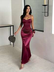 Autumn Solid Color Cup Strap Patchwork Satin Evening Dress, Women's Elegant Dress For Party, Date, Wedding - Burgundy - View 4