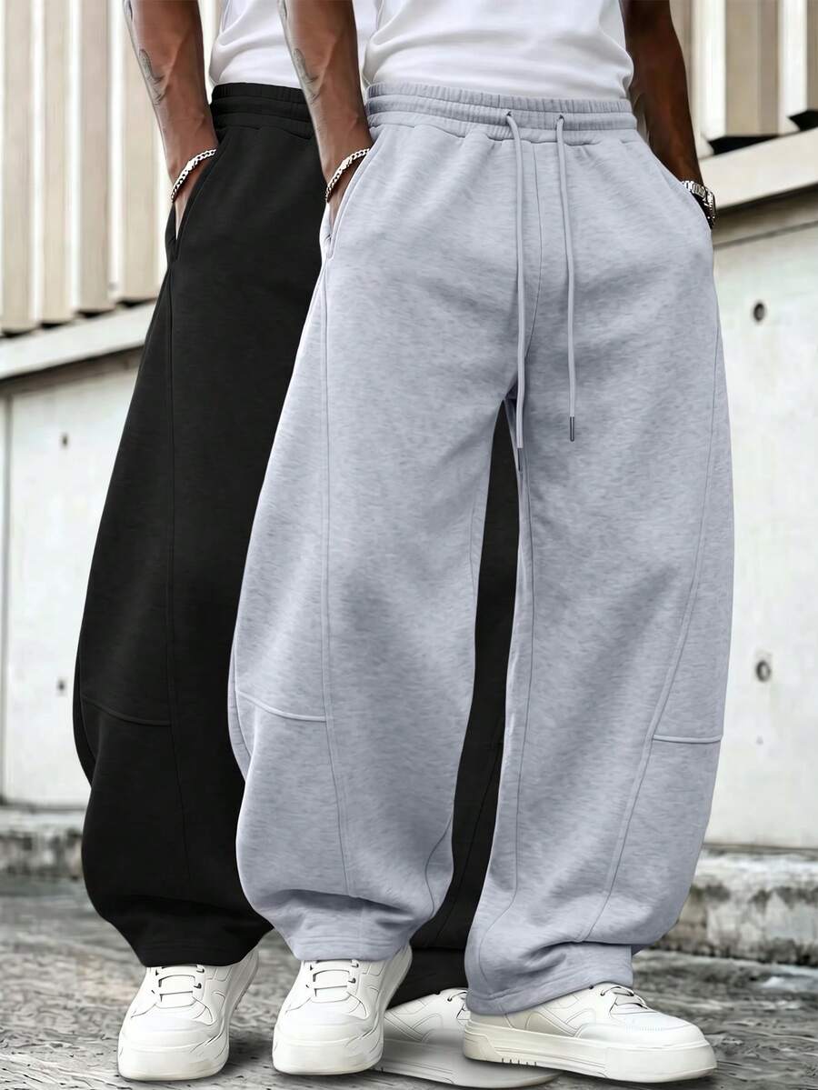 2pcs Street Style Y2K Patchwork Water-Resistant Pants Men High Waist Loose Drawstring Wide Leg Gray-Black Sweatpants Joggers Autumn - Multicolor - View 1