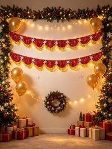 2Pcs Red Gold Scalloped Layered Fringe Banner,Christmas Decorations For Home,6.5 Ft Christmas Wavy Tinsel Fringe With Snowflake Decor For Fireplace Mantel, Window, Tree, Holiday & Birthday Party Home Decoration - View 9