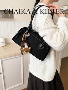 CHAIKA & KILTER 1pc Solid Color Suede Fabric Women's Vintage Fashion Matte Shoulder Bowling Bag With Contrast Quilted Stitching, Double Handle Design, Zipper Closure, Suitable For Daily And Street Use - Black - View 7