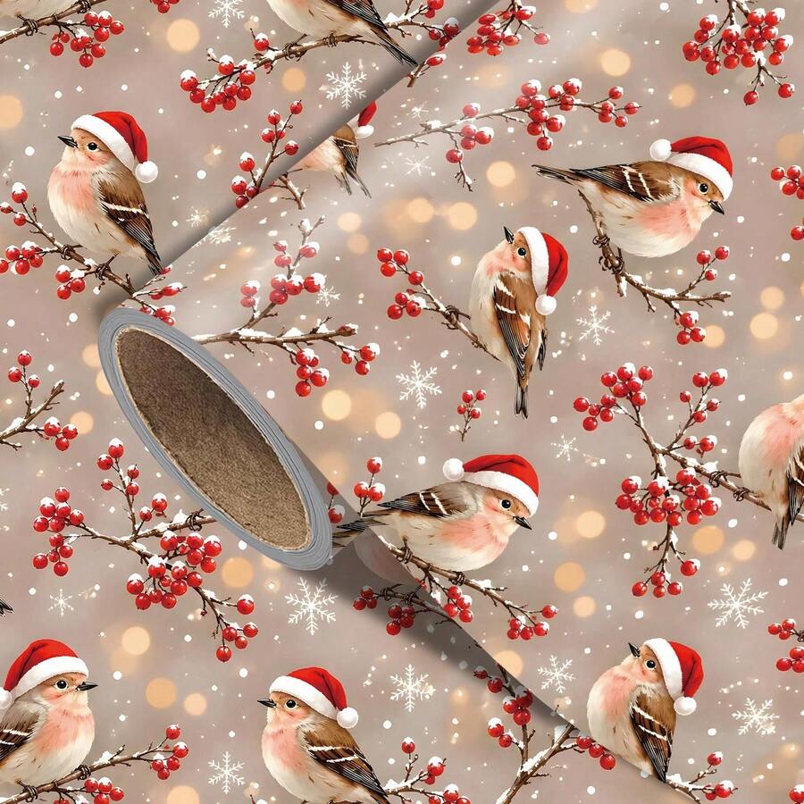 1set Christmas Robin Bird Wrapping Paper(Includes Stickers), Gift Wrap With Cute Bird Winter Red Berry Branch Design For Xmas Gifts, Making Party Decorations, And Birthday Gifts - Bird - View 1