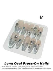 10pcs Handmade Long Almond Shape Press-On Nail Set, Transparent Gradient Light Blue Cat Eye Style, Rhinestone Decorated, Reusable Removable Adhesive Fake Nail Tips, Includes Nail Tools, Suitable For Wedding, Date, Party - Dusty Blue - View 10