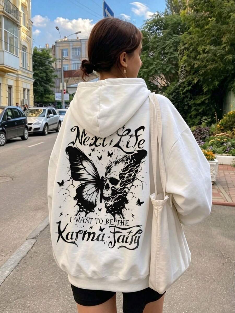 Women's Letter & Butterfly Graphic Casual Daily Sweatshirt - White - View 1