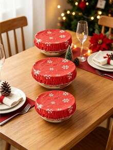 3pcs Christmas Snowflake Pattern Beeswax Bowl Covers, Reusable Sourdough Bread Fermentation Covers, Suitable For 7-10 Inch Bowls, Washable Dough Fermentation Pads, Home Baking Kitchen Fridge Storage Box Lids, Food Fruit Leftover Covers - Red - View 4