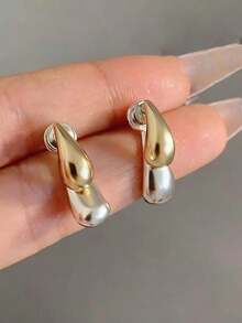 rundraw 1 Pair Hypoallergenic Water Drop Color Block Gold & Silver Stud Earrings, Minimalist Elegant, Versatile For Daily, Party, Beach, Gift - Multicolor - View 9