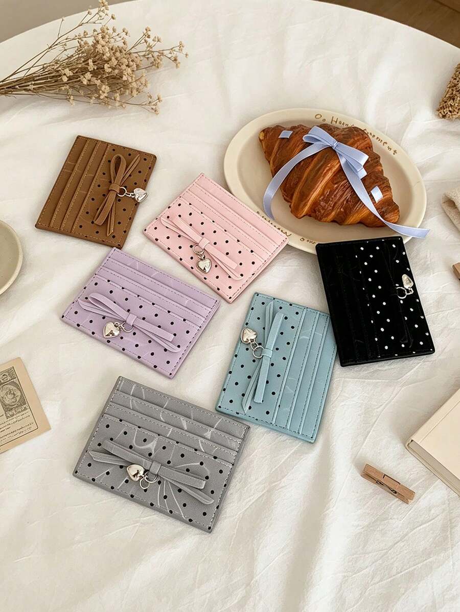 1Pc Polka Dot Print Bow Card Holder Card Slot Wallet Purse,Stylish Short Wallet For Women