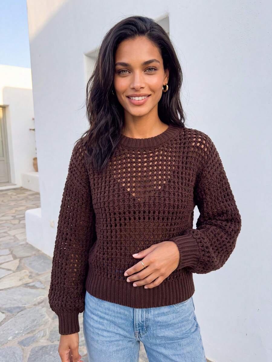 Dancing Leopard Brown Open Knit Oversized Sweater, Autumn Winter Boho Knitwear - Brown - View 1