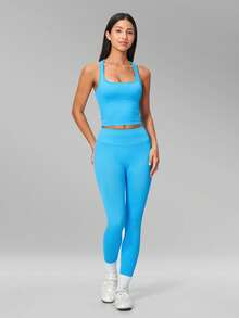 MFVIM Women's Seamless Yoga Set, Backless Tight-Fitting Versatile Yoga Outfit For Outdoor Running And Sports, Tank Top + Leggings 2-Piece Set - Aqua Blue - View 5