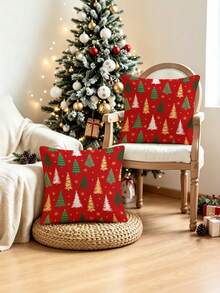 1/2/4Pcs Vibrant Red Christmas Tree Cushion Cover,Mixed Green Gold White Pine Tree Print,Golden Snowflake Winter Farmhouse Holiday Decor Pillow Case - Multicolor - View 1