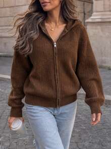 Brown Hooded Two-Way Zipper Ribbed Knit Drop Shoulder Long Sleeve Cardigan Women Cozy Casual Halloween Christmas New Year Fall Winter - Brown - View 7