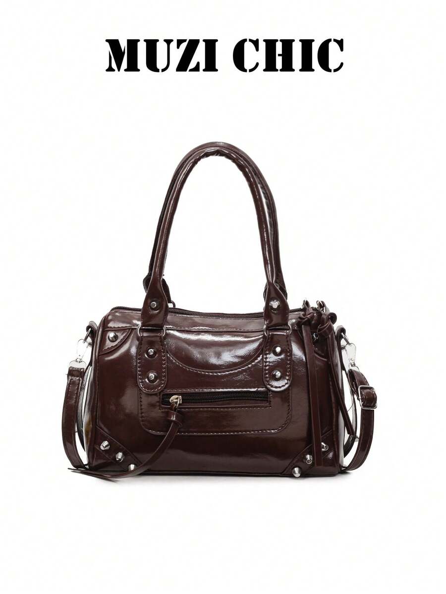 Handbag With Rivet And Tassel Decor, Handheld Or Crossbody, Zipper Closure, Sweet & Cool Y2K Style, Pillow Bag, Daily Commute And Date, Large Capacity Multi-Compartment Design, And Unique, Matches Various Outfits, Eye-Catching Look, Meets Daily Storage Needs, Creates Atmospheric Outfit - Brown - View 1