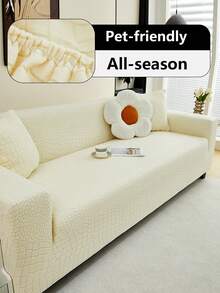 1pc Jacquard European Vintage Floral Pattern Skirted Full Stretch Sofa Cover, Dust-Proof, Dirt-Resistant, Elastic One-Piece Full Coverage Sofa Protector, Living Room Home Decor, Machine Washable, Water Washable, Pillow Case Not Included - Beige - View 1