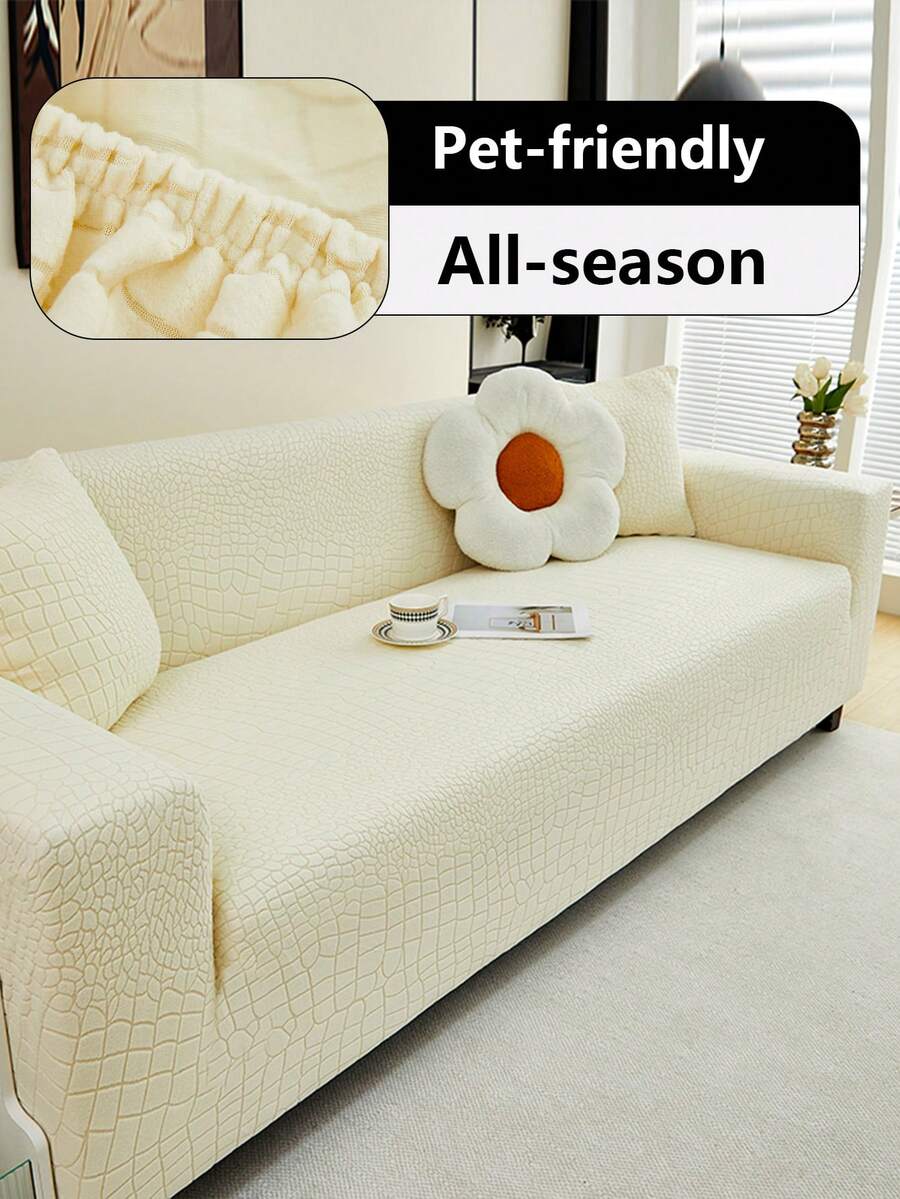 1pc Jacquard European Vintage Floral Pattern Skirted Full Stretch Sofa Cover, Dust-Proof, Dirt-Resistant, Elastic One-Piece Full Coverage Sofa Protector, Living Room Home Decor, Machine Washable, Water Washable, Pillow Case Not Included - Beige - View 1