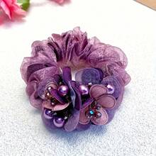 1pc Women's Mesh Flower Decor Hair Scrunchie With Faux Pearl Embellishment, Ponytail Bun Hair Tie - Multicolor - View 6