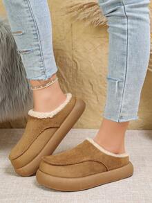 Sandal Wanita Warna Polos Bahan Suede Imitasi dengan Sol Tebal dan Ujung Tertutup, Sepatu Selop Ujung Bulat, Sandal dengan Hiasan Bulu Imitasi Warna Beige - Khaki - View 1