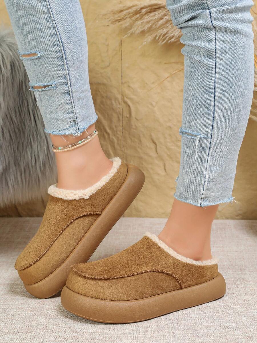Sandal Wanita Warna Polos Bahan Suede Imitasi dengan Sol Tebal dan Ujung Tertutup, Sepatu Selop Ujung Bulat, Sandal dengan Hiasan Bulu Imitasi Warna Beige - Khaki - View 1