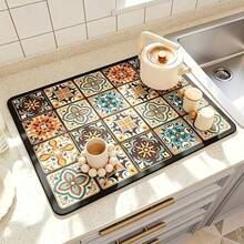 1pc Extra Large Draining Mat, Vintage Print, Bar Countertop Waterproof Mat, Drying Mat, Drainage Mat, Coffee Machine Mat, Coffee Cup | Tableware Draining, Absorbent Quick-Drying Draining, Waterproof & Oil-Resistant, Washable & Reusable, Suitable For Kitchen | Cafe, Tea Cup, Coffee Cup, Coffee Machine Accessories, Home Decor For Coffee Lovers, Rental Renovation, Perfect As Housewarming Gift, Halloween Gift, Christmas Gift - Multicolor - View 1