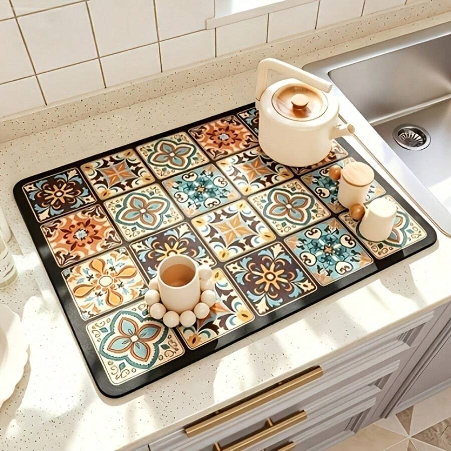 1pc Extra Large Draining Mat, Vintage Print, Bar Countertop Waterproof Mat, Drying Mat, Drainage Mat, Coffee Machine Mat, Coffee Cup | Tableware Draining, Absorbent Quick-Drying Draining, Waterproof & Oil-Resistant, Washable & Reusable, Suitable For Kitchen | Cafe, Tea Cup, Coffee Cup, Coffee Machine Accessories, Home Decor For Coffee Lovers, Rental Renovation, Perfect As Housewarming Gift, Halloween Gift, Christmas Gift - Multicolor - View 1