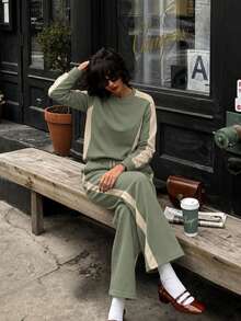 Women's Casual 2 Pieces Sportswear Set, Round Neck Long Sleeve Top With Wide Leg Pants, Spring Autumn Winter Daily Wear, Youthful Style - Green - View 2