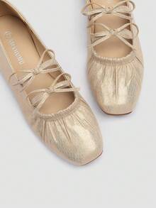 ADAMUMU Shiny Fabric Double Bow Ruched Square Toe Flat Shoes, Gathered Ballet Soft Sole, Sweet & Cool Versatile Comfortable - Gold - View 7