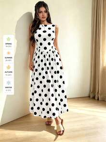 QIANZHIDU SUNSTORY Women's Autumn White With Black Polka Dot U-Shaped Backless Spaghetti Strap Cinched Waist Full Skirt Dress, Suitable For Wedding, Party, Outing, Country Music Concert - 黑與白 - 查看 5