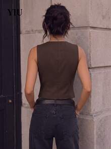 YIU LUMOS Women's Dark Brown Vest, V Neck Button Front Five Button Slim Fit, Vintage Western Office Chic Waistcoat For Fall Winter Daily Layering - Brown - View 8