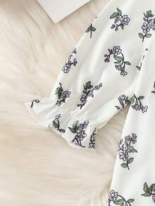 BrownBark 2pcs Baby Girls Autumn Floral Pattern Long Sleeve Romper Set With Sun Hat, Soft Comfortable Ruffle Collar Bowknot Crawler Outfit For Newborn Girls 0-18 Months - White - View 6