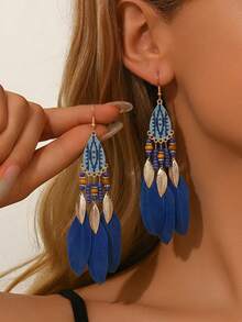 2pcs Bohemian Feather Tassel Earrings, With A Lively , Suitable For Island Vacations, Music Festivals, And Beach Gatherings - Multicolor - View 1