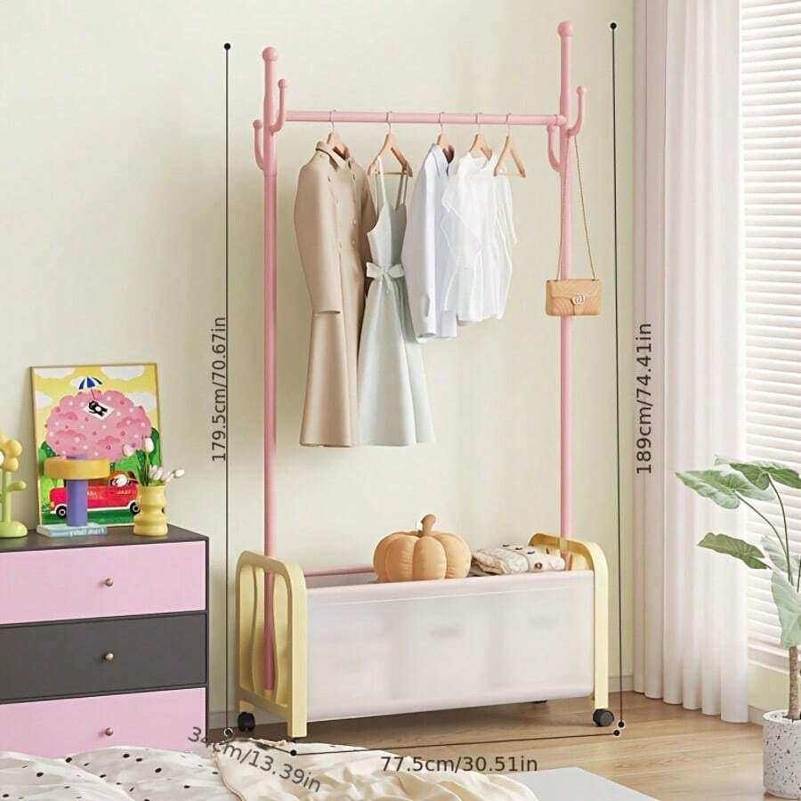 1pc Wardrobe Organizer Clothes Rack, Colorful Freestanding Garment Rack With Storage Drawers And Wheels, Multi-Functional Clothes Organizer Storage, With Side Hooks, Portable Rolling Wardrobe, Suitable For Bedroom, Entryway, Closet - Multicolor - View 1