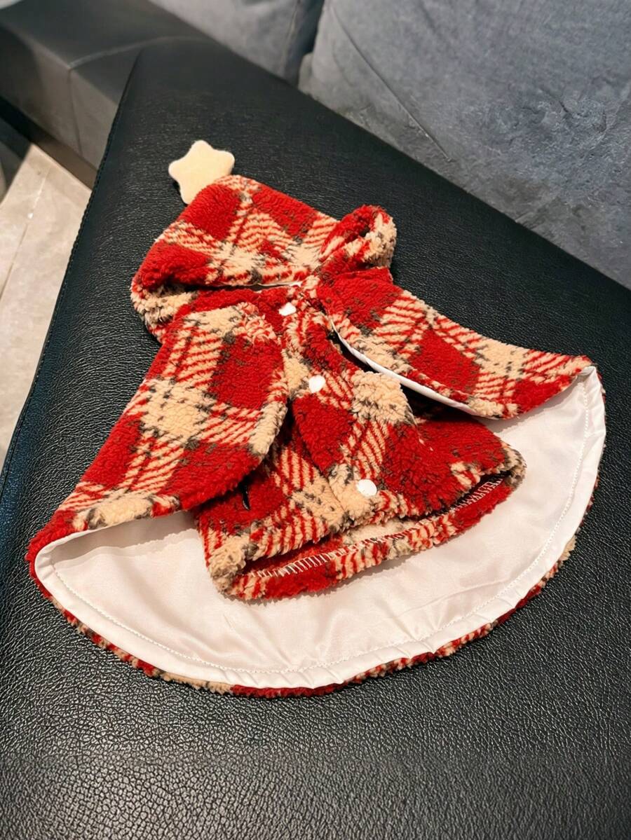 Pet Plaid Fleece Hooded Cape Set, Suitable For Small Dogs, Medium Dogs And Cats, Warm Christmas Halloween Pet Cloak, Cute Star Decorated Pet Shawl, Suitable For Holiday Parties And Daily Wear